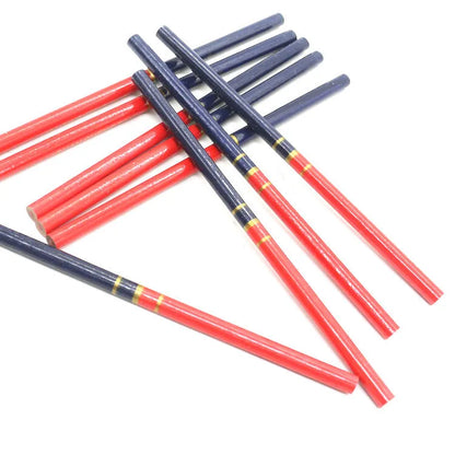 Ten red and blue two-colour wooden carpenter's pencils showing round design for marking applications