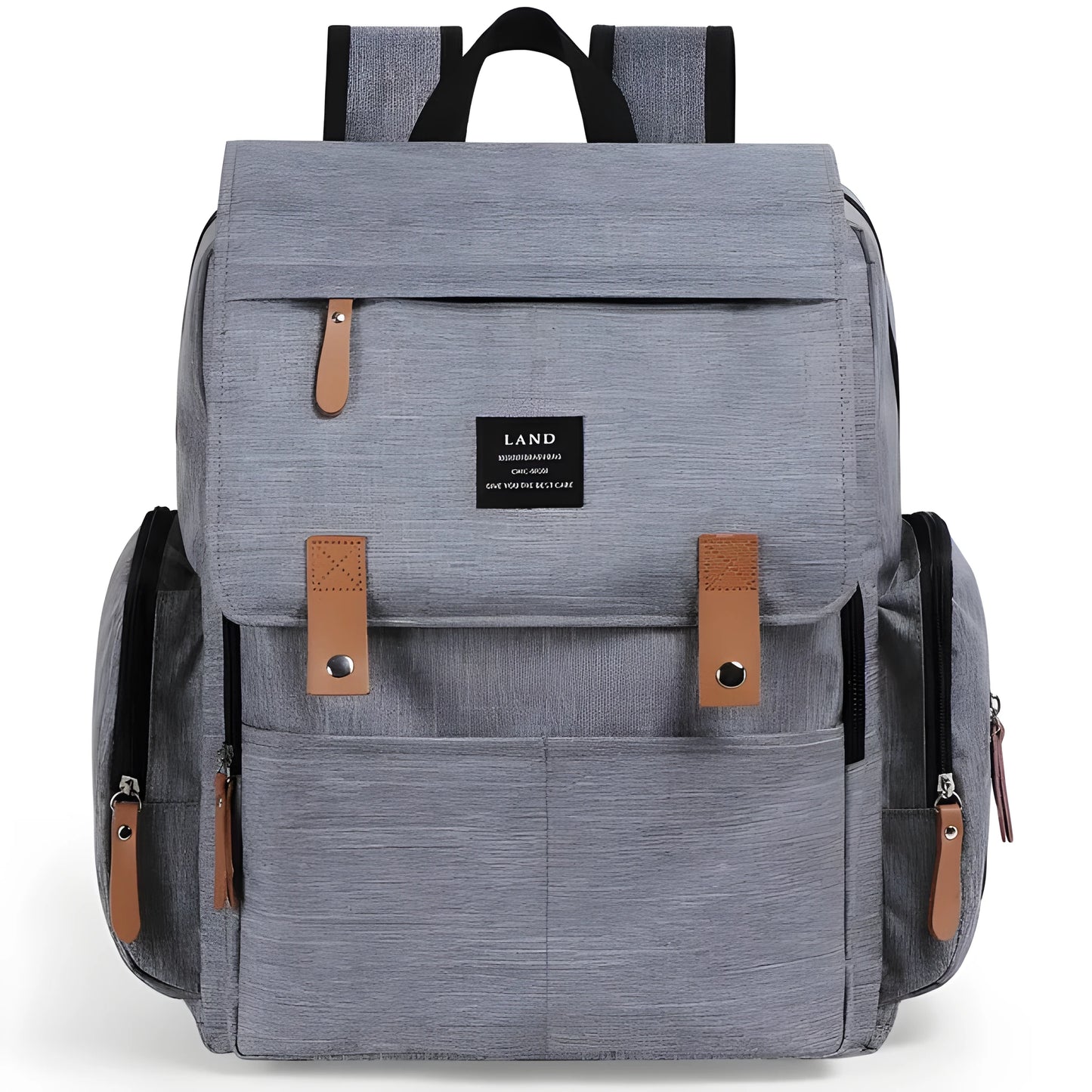 LAND Mommy large grey diaper backpack with changing mat, shown as a travel nappy bag.