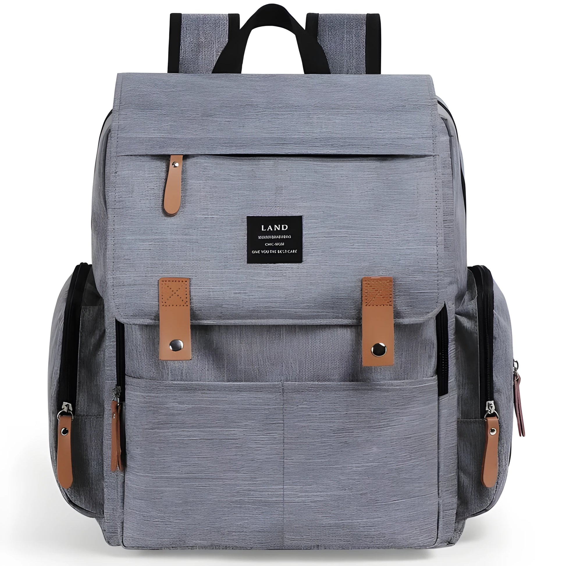 LAND Mommy large grey diaper backpack with changing mat, shown as a travel nappy bag.