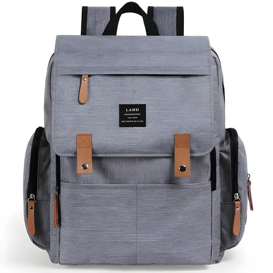 LAND Mommy large grey diaper backpack with changing mat, shown as a travel nappy bag.