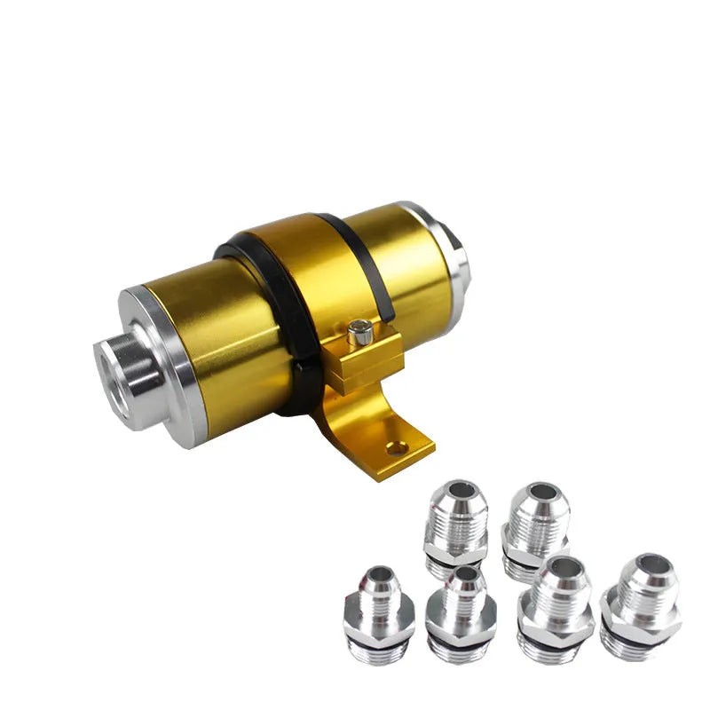 Aluminium petrol filter bracket in choice of six colours: black, silver, blue, red, gold, purple.