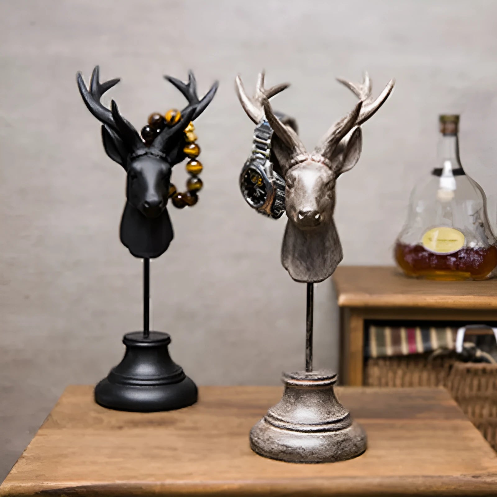 Natural resin animal sculpture home decoration in black, white, and wood colour finishes.