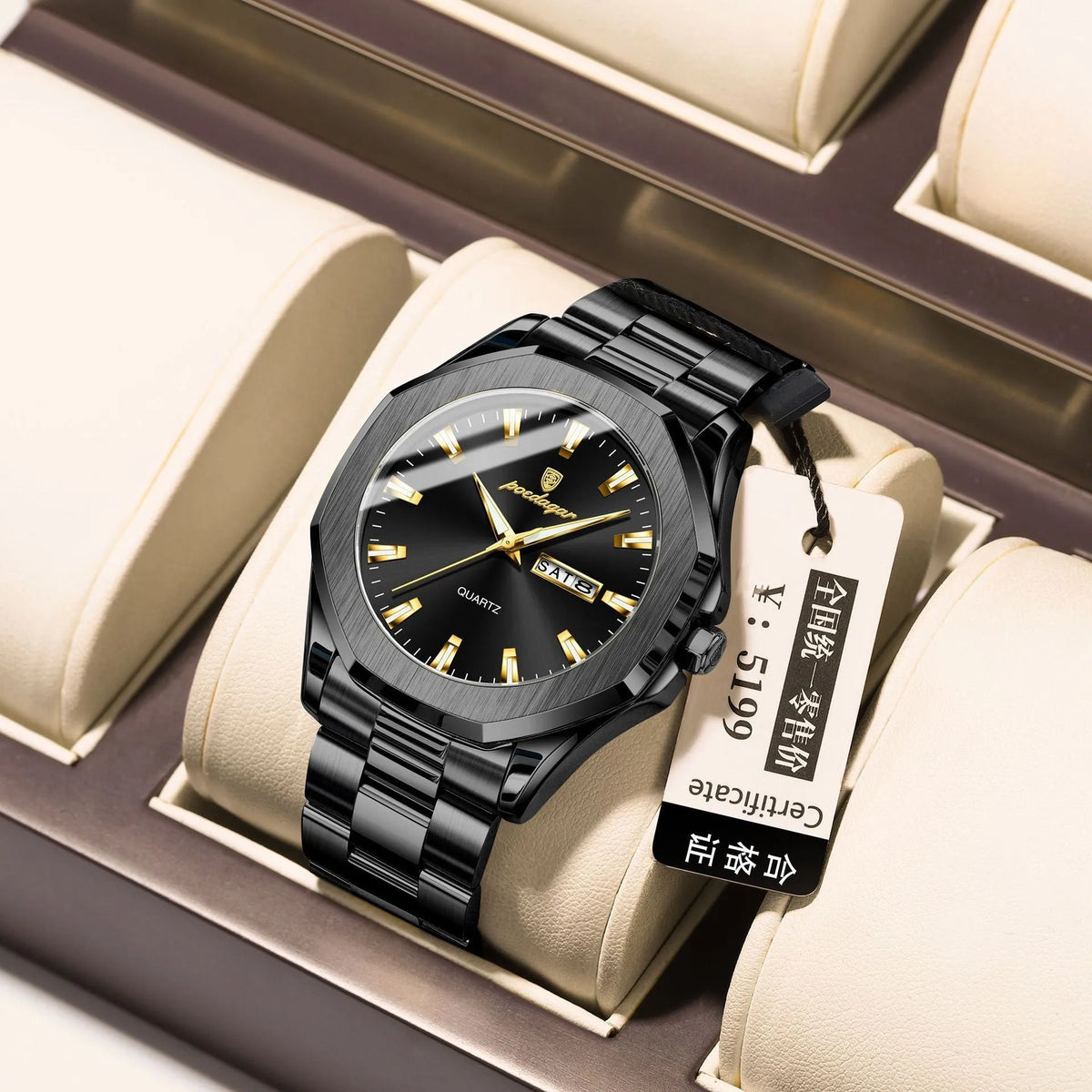 Men's steel strap quartz business watch with 9mm thickness in multiple colour options