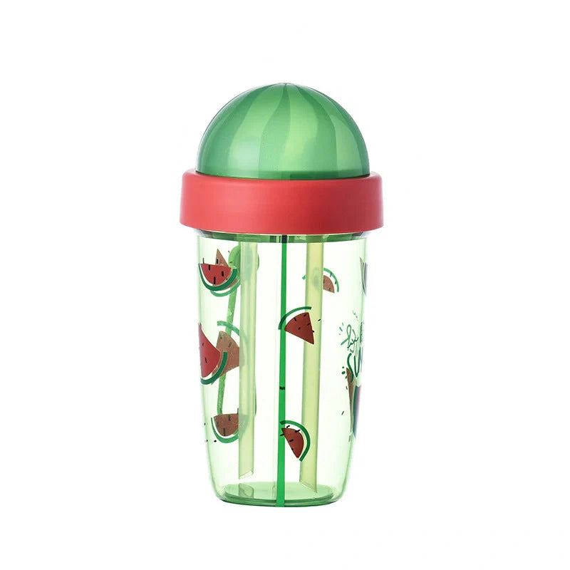 Double straw cup with leak-proof design for couples, available in pineapple, strawberry, and watermelon patterns.