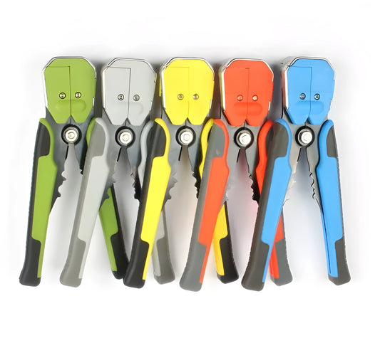 Yellow automatic 3-in-1 wire stripper and crimping plier tool on a workbench