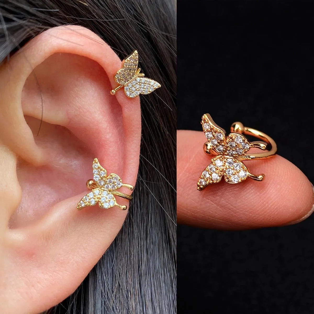 Butterfly flower inlaid zircon pierced earrings in gold or silver copper for women