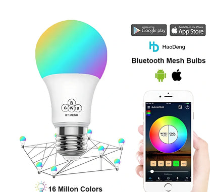 Round Bluetooth smart LED bulb with E27/B22 fittings, 60mm diameter, colour temperature adjustment 2700K-6500K