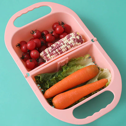 Folding drain basket for efficient fruit and vegetable cleaning with handle
