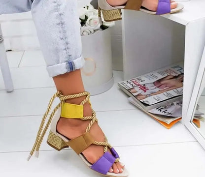 Women's beige suede sandals with thick 3-5cm heel, front strap, and ankle strap design