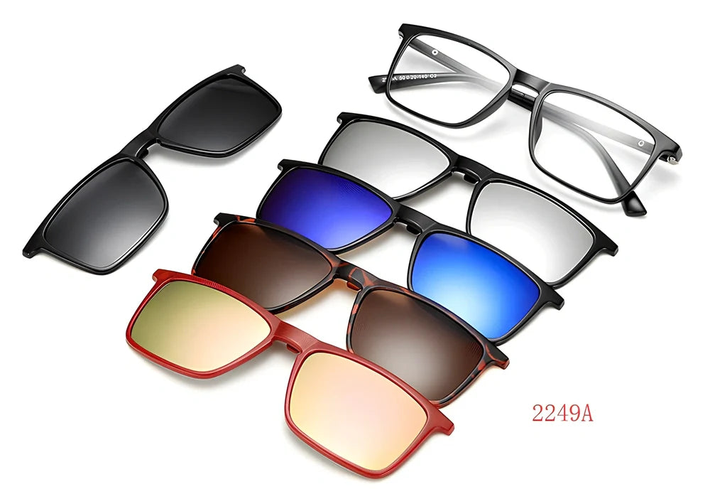 Magnetic sunglasses showing closure system with resin lenses and PC frame in multiple size options