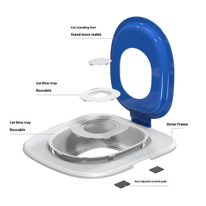 Fifth Generation cat litter training toilet with upper tray and anti-track base mat in blue.