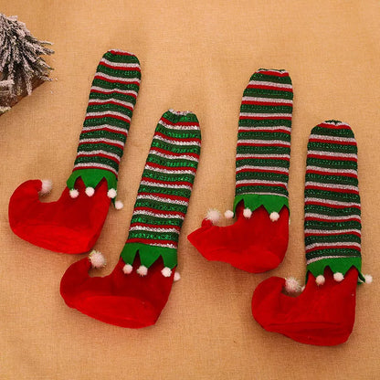 Christmas Striped Elf Table Leg Covers in red and green for festive holiday decor
