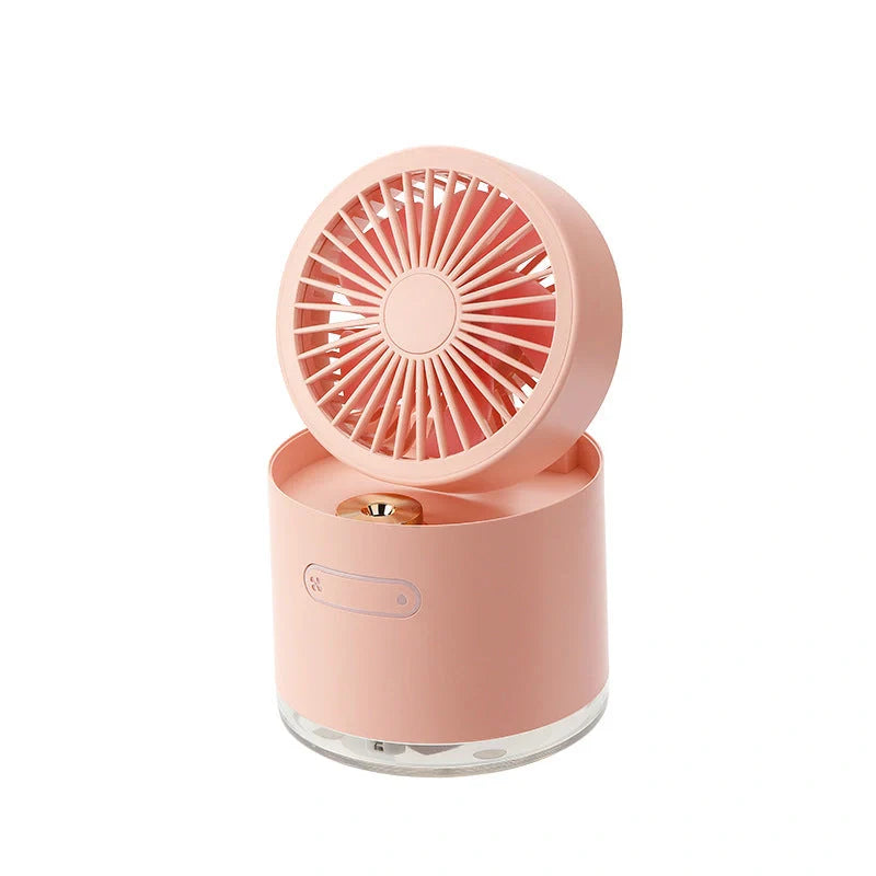 Mini portable USB rechargeable spray fan in green, pink, and white