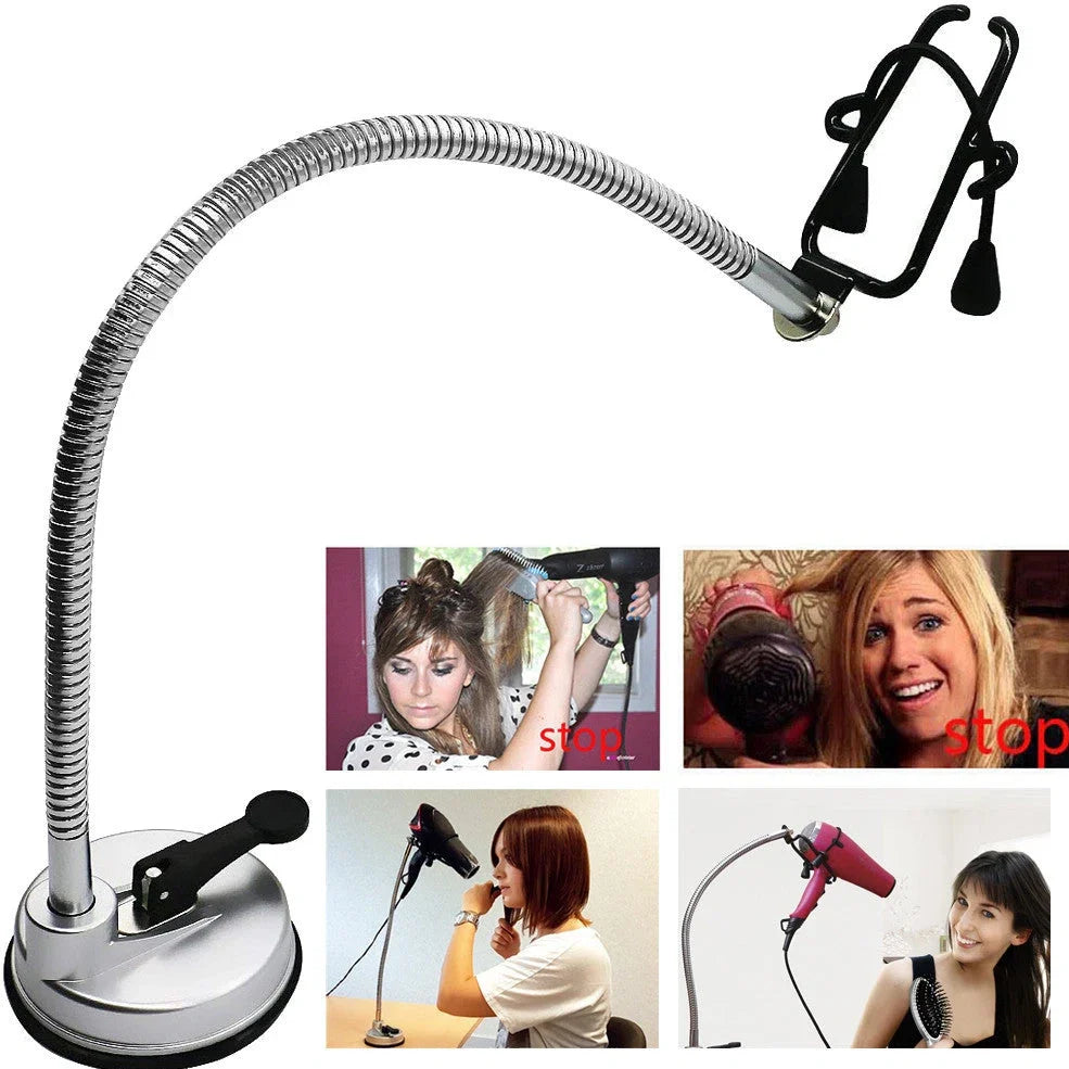 Stainless steel hair dryer holder with suction cup base showing 360-degree rotation capability