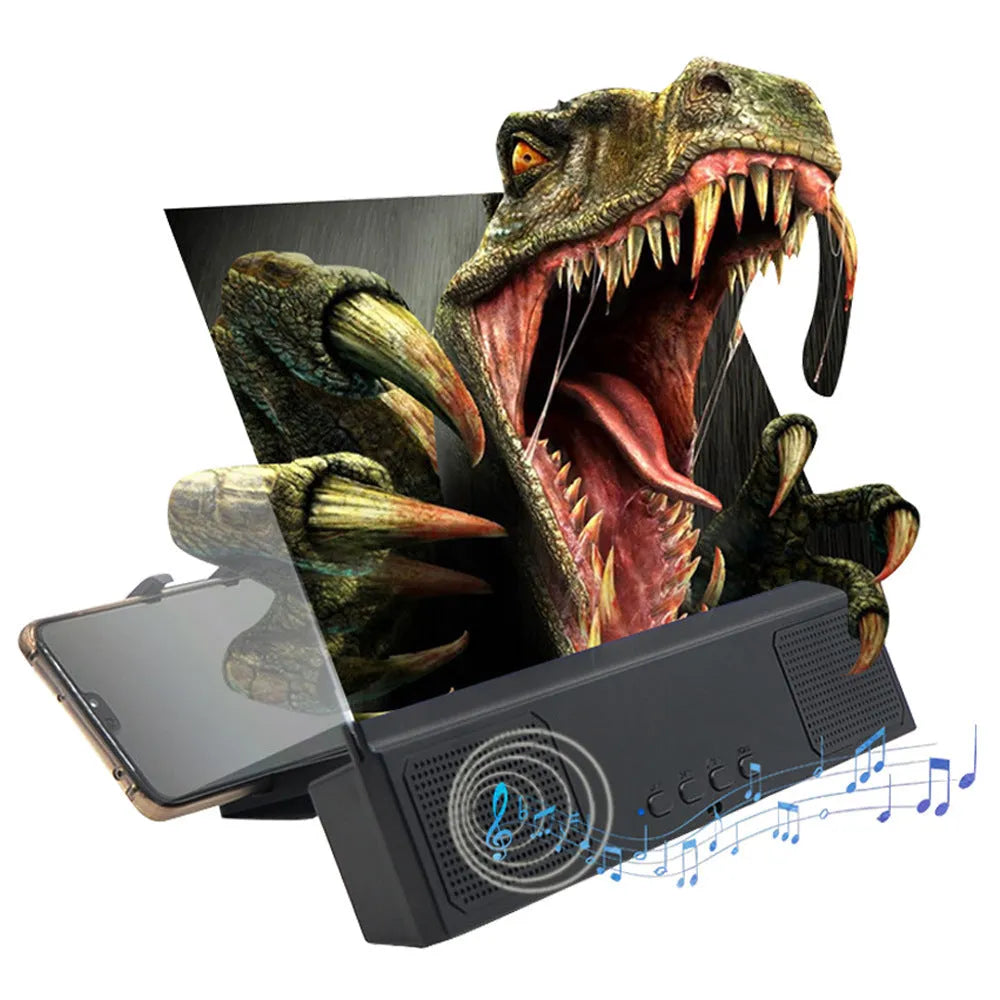 Mobile phone screen amplifier with 12-inch acrylic lens and Bluetooth speaker.