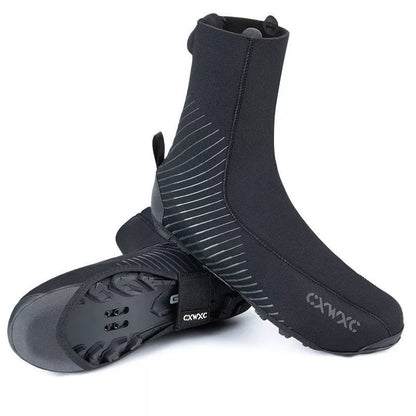 Black bike shoe cover with reflective details for wind and waterproof protection
