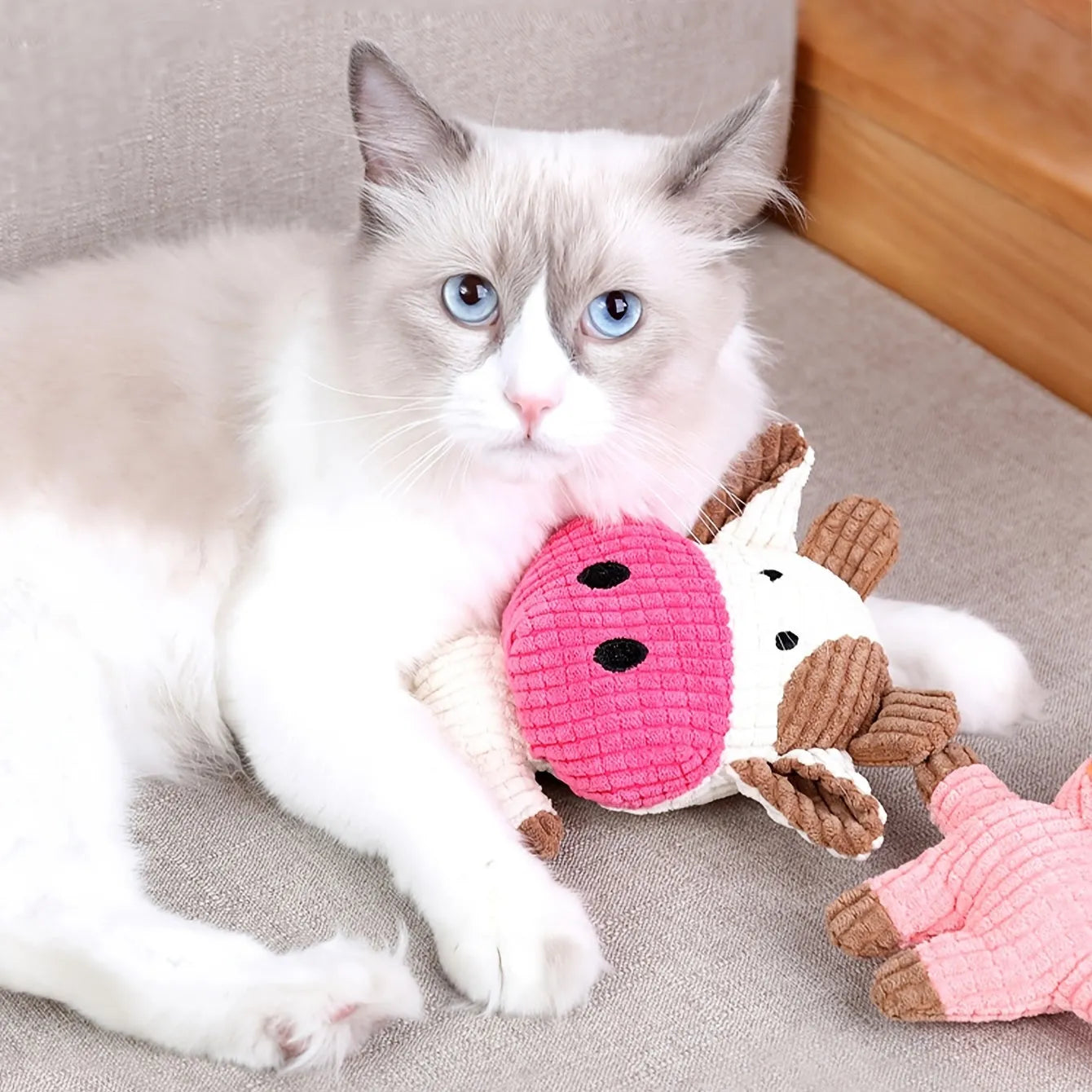 Animal shaped plush dog chew toy with squeaker in bright colours