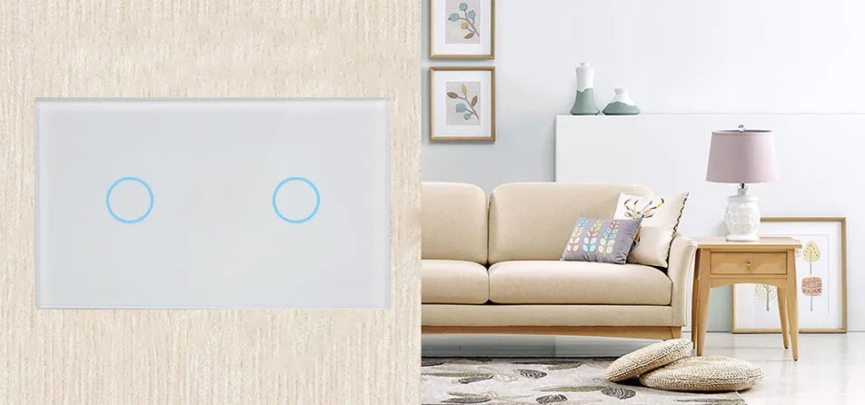 US-RF-02W white 2-gang remote control light switch with tempered glass panel measuring 120x72x35mm