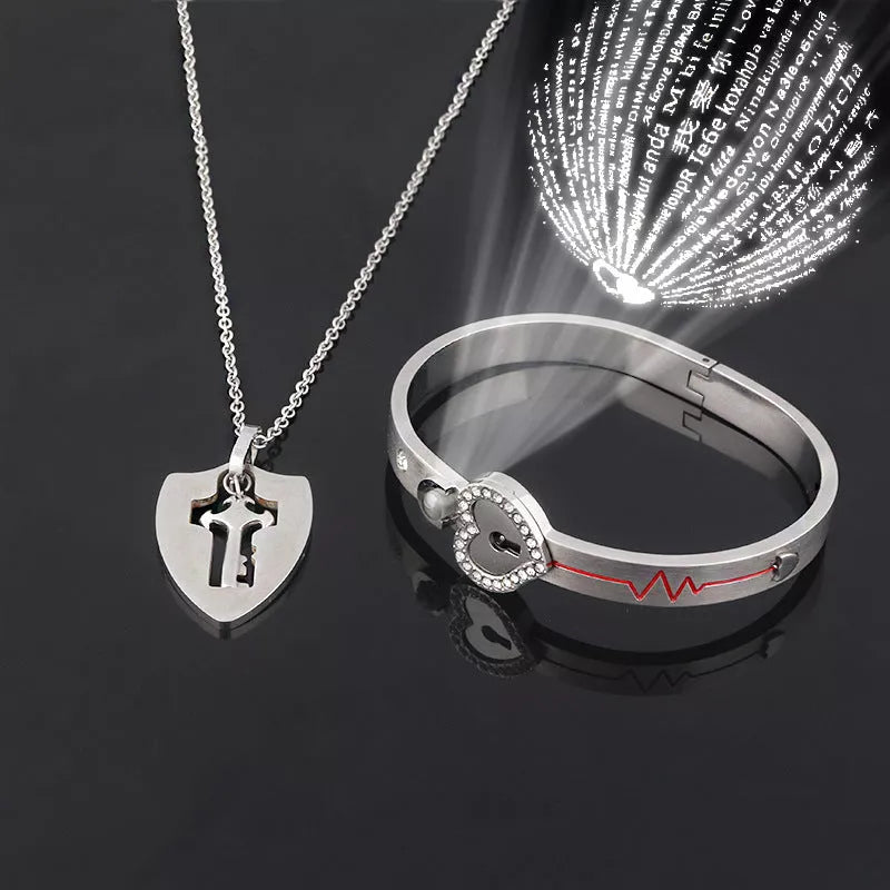 Titanium Steel Couple Love Lock Bracelet and Key Set in various colors