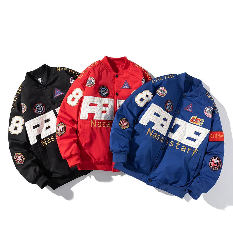 American motorcycle baseball uniform jacket with removable hood and side seam pockets in black colour