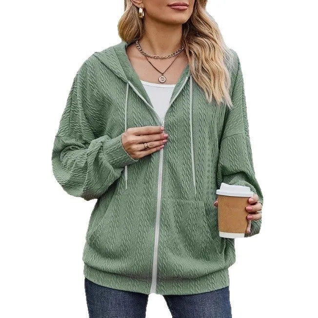 Green hooded sweater with full-length front zipper in loose Japanese Korean casual style
