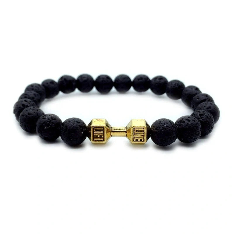 Men's fitness fashion bracelet with alloy dumbbell and lava rock beads, 18cm length, 20g weight