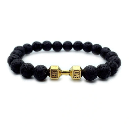 Men's fitness fashion bracelet with alloy dumbbell and lava rock beads, 18cm length, 20g weight
