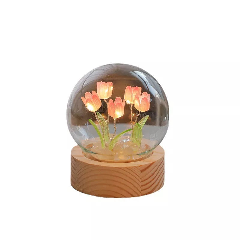 Handmade DIY tulip LED night light with adjustable flowers on wooden base