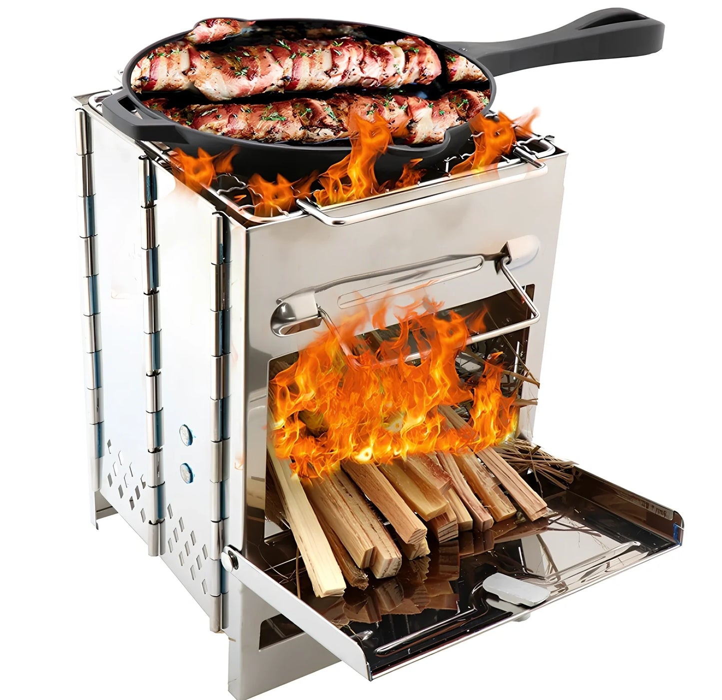 Silver portable folding stainless steel camping stove unfolded to 21x15x15cm with 15x15cm grill for wood and charcoal