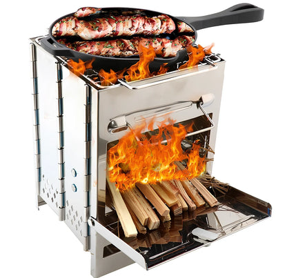 Silver portable folding stainless steel camping stove unfolded to 21x15x15cm with 15x15cm grill for wood and charcoal