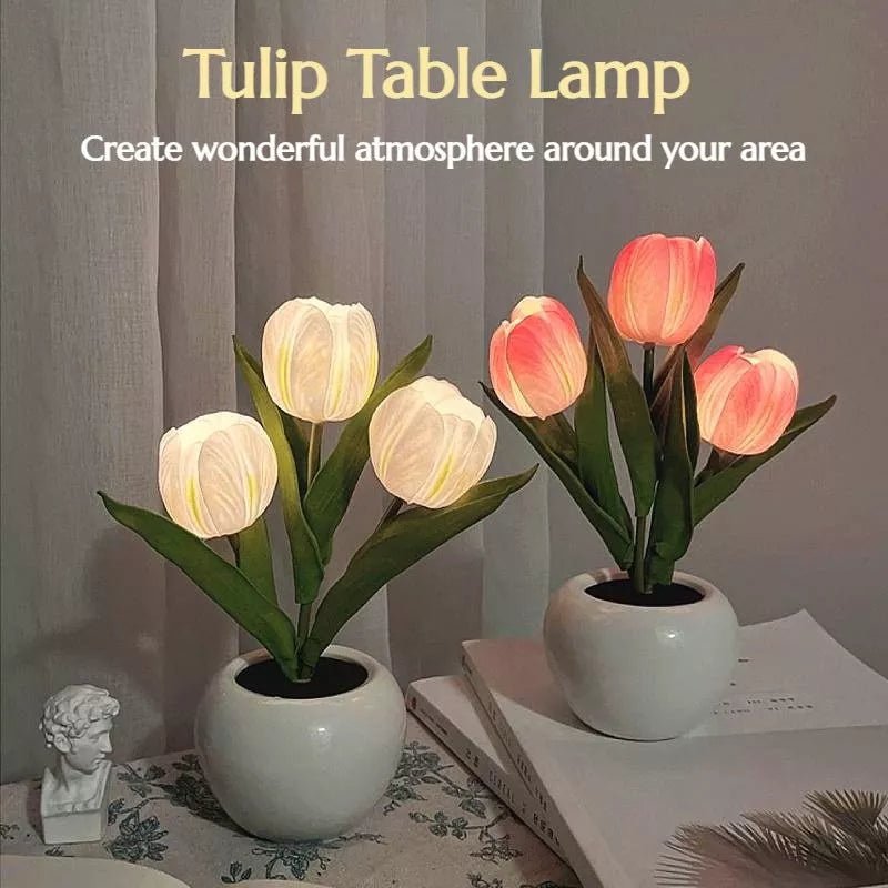 LED Tulip Night Light in ceramic pot with warm glow for home decoration
