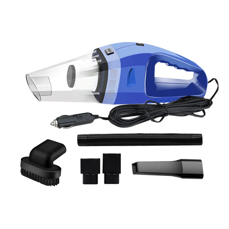 12V portable car vacuum cleaner in orange colour with power cord and interchangeable nozzles