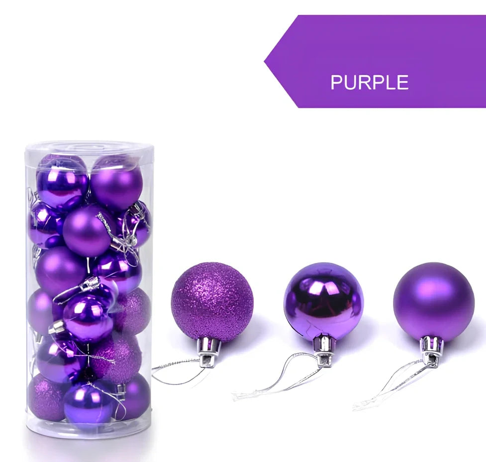 Christmas ball decorations in blue, green, purple, red, rose red, and silver colours showing 4cm, 6cm, and 8cm size comparison