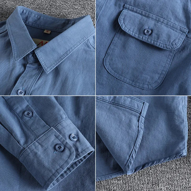 Men's light blue cotton cardigan-style long sleeve casual shirt on a hanger