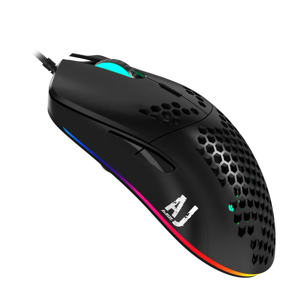 Lightweight white wired gaming mouse with hollow shell and 7 buttons, model AJ390