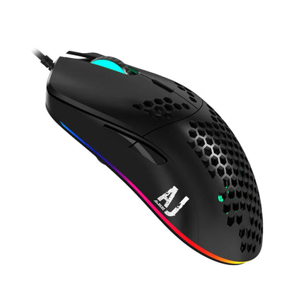Lightweight white wired gaming mouse with hollow shell and 7 buttons, model AJ390