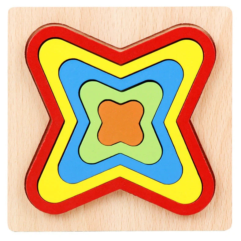 Wooden geometric puzzle with 10 shape graphics in red, yellow, blue, green, and orange colours