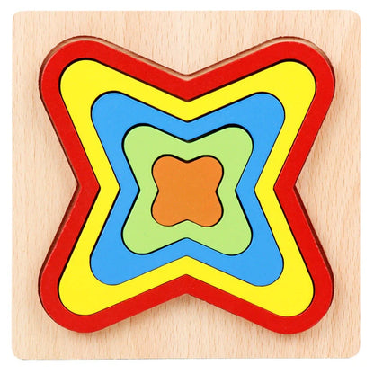 Wooden geometric puzzle with 10 shape graphics in red, yellow, blue, green, and orange colours
