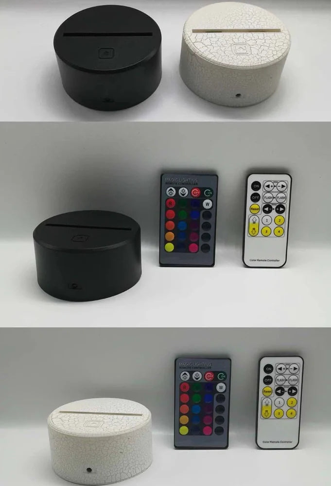 3D night light with acrylic board on 87mm ABS base showing seven colour options and touch/remote controls