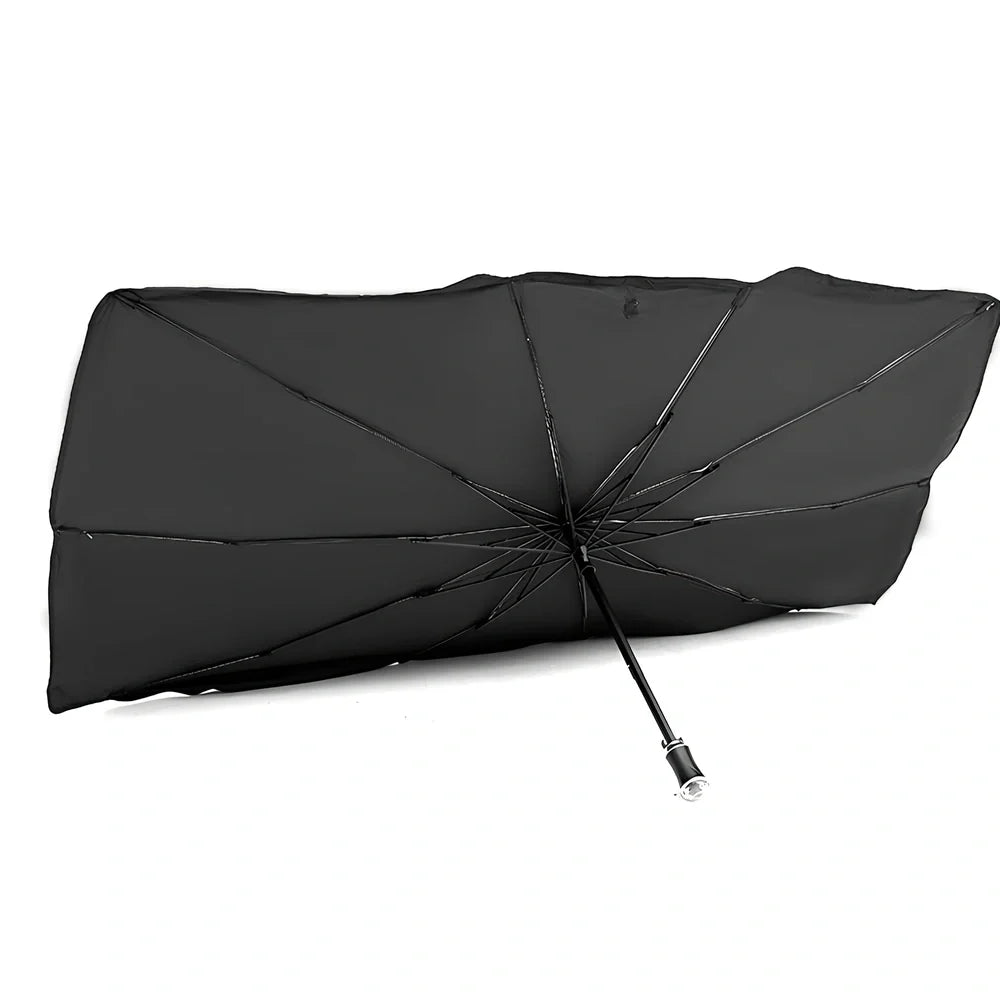 Foldable car windshield sunshade with titanium silver coating and black steel frame in three sizes