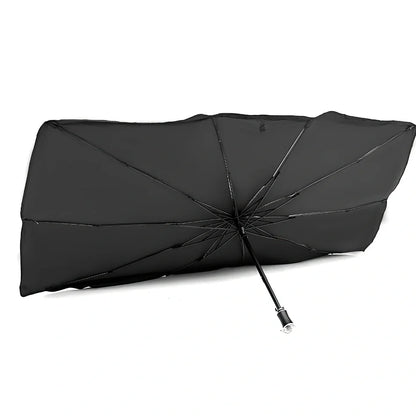 Foldable car windshield sunshade with titanium silver coating and black steel frame in three sizes