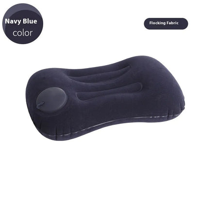 Grey inflatable travel pillow with flocking surface, shown deflated and inflated to 45x30x13cm size.