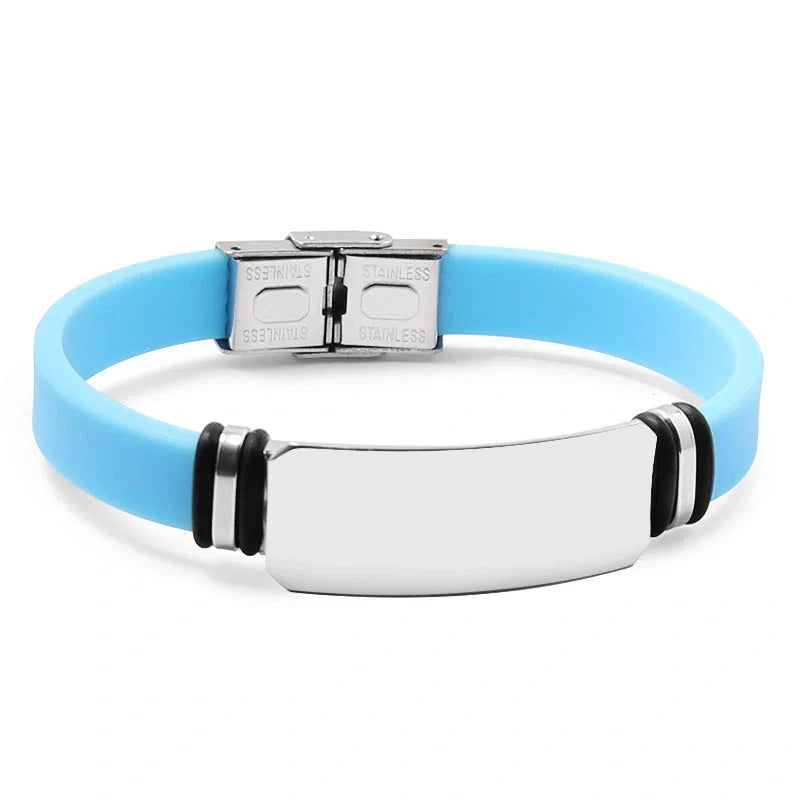 Custom engraved silicone bracelet with stainless steel clasp in various colors