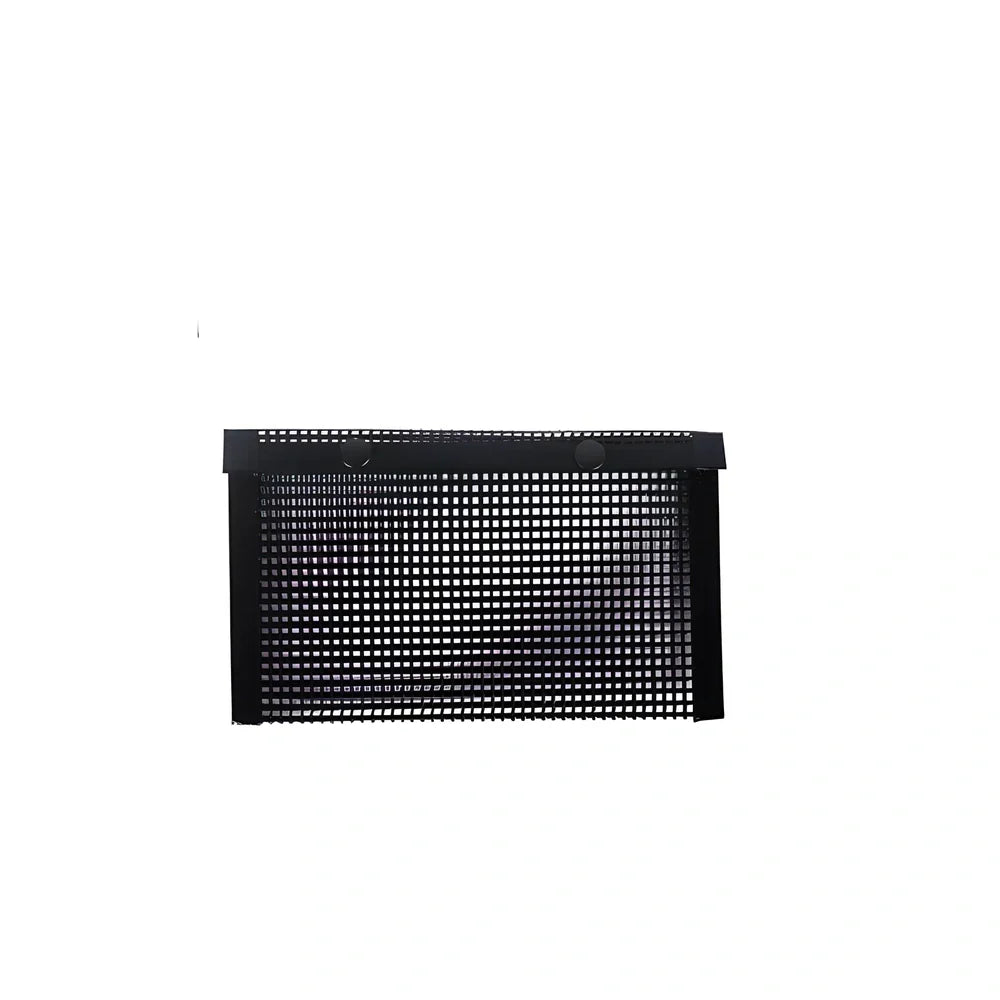 Black grill mesh bag with non-stick grid mat on barbecue, showing smoke circulation through mesh design
