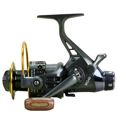 MG fishing reel with metal folding arm, wooden handle, and double brake system for saltwater fishing