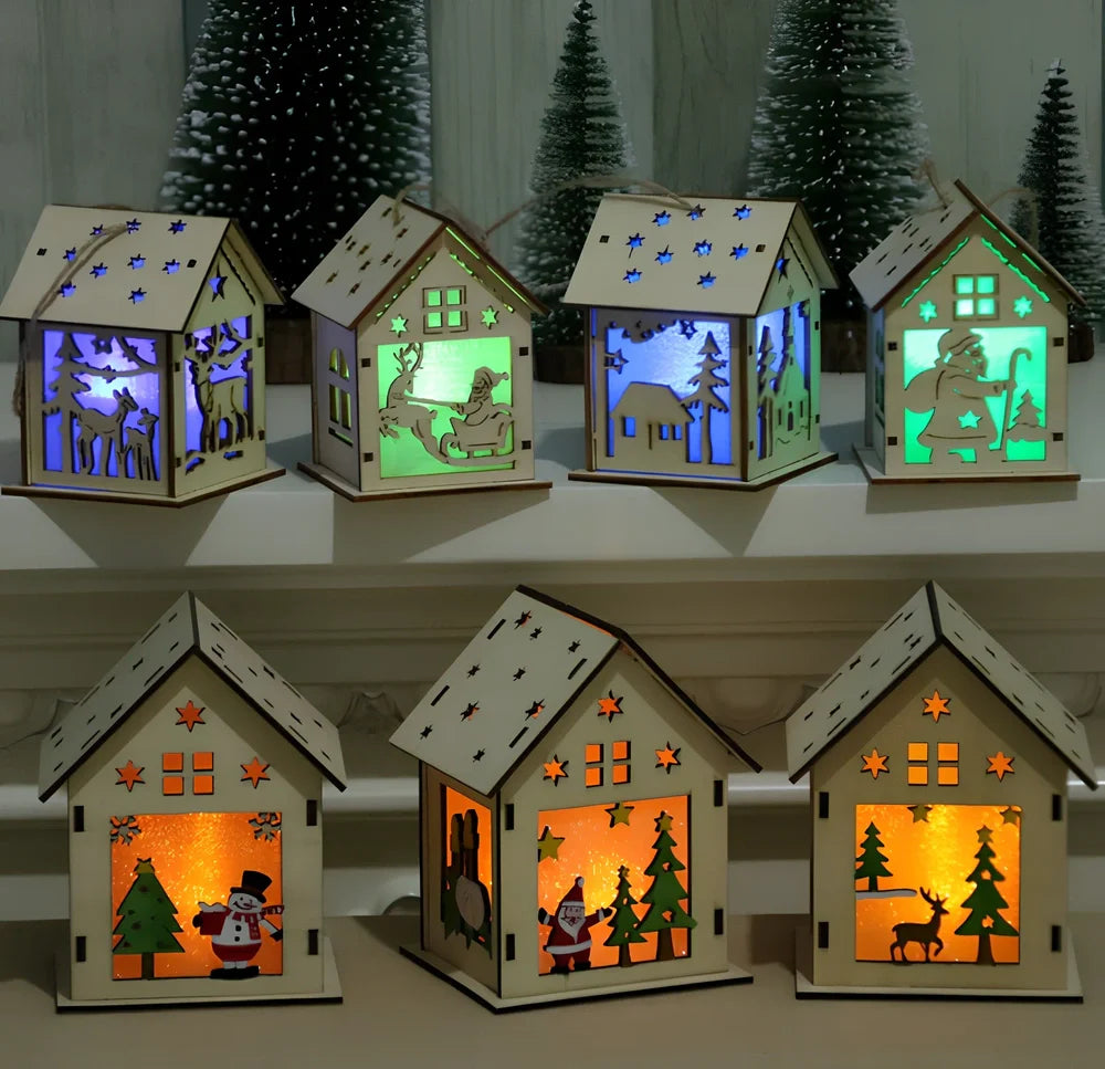 Wooden Christmas decorations with LED lights showing four character styles hanging on tree branches