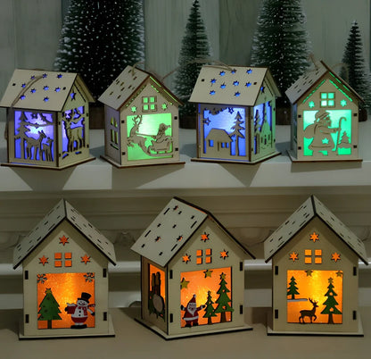 Wooden Christmas decorations with LED lights showing four character styles hanging on tree branches