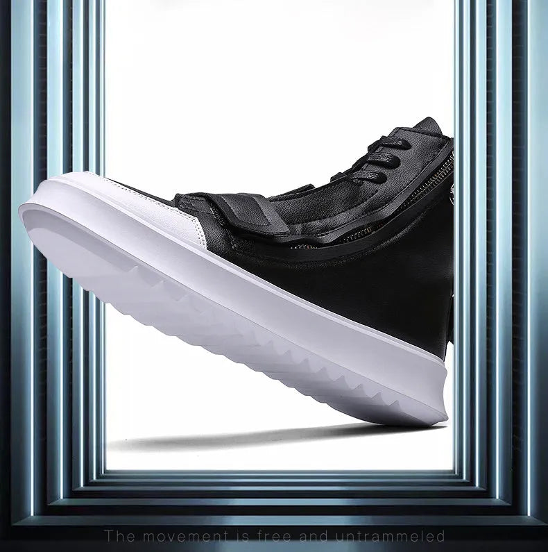 PU leather men's ankle boots in black and white, high-top sneaker style with microfiber upper, sizes 38-43