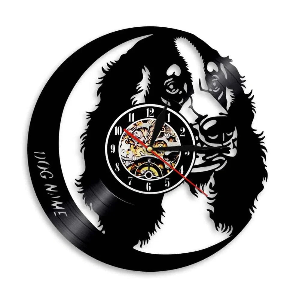 30cm vinyl record wall clock with dog breed designs, silent quartz movement, and pre-installed hook