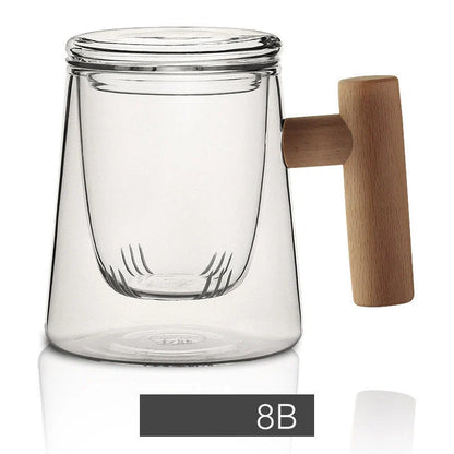 Premium glass tea infuser cup with wooden handle, offering a unique tea-water separation system and temperature-resistant construction for a refined tea experience.